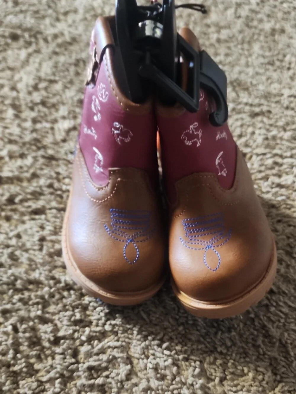Children's Brown and Red Cowboy Boots with Blue Accent Size 4